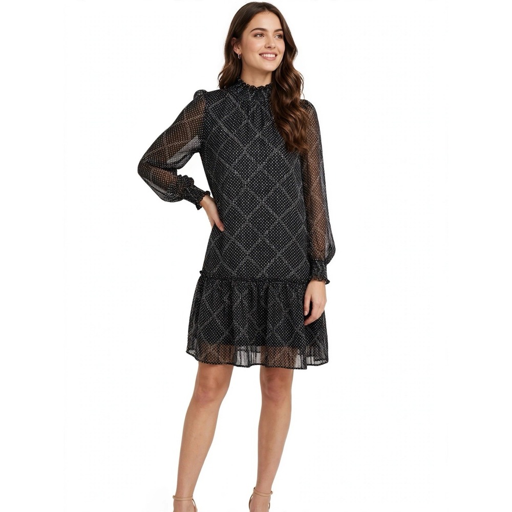 J Crew Black White Polka Dot Chiffon Mini Dress XS Smocked Neck Ruffle Hem